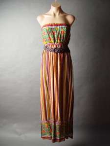   Tribal Island Print Empire Waist Belt Belted Long Maxi Dress S  