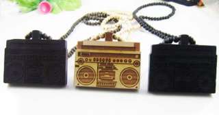 WOODEN BOOMBOX RADIO MUSIC PENDANT CARVED GOOD WOOD STYLE CHAIN 