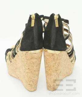 Jimmy Choo Black Suede & Gold Leather Strappy Cork Wedge Sandals Size 