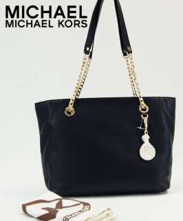 Michael Kors MK Black Large Jet Set Chain E/W Tote Leather Handbag Bag 