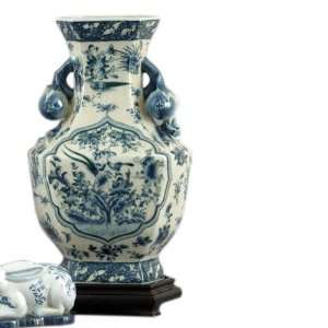  Blue & White Bird Pattern Hex Vase with Stand
