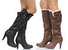 Knee high Heel Boots Shearling Trim w/ Side Zipper Buckle TAN or BLACK 