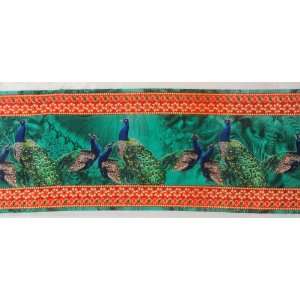 Green Fabric Border with Digital Printed Peacocks   Pure Crepe (Sold 