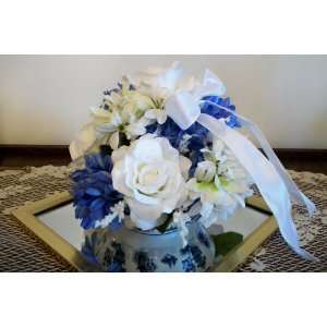 White Roses and White and Blue Agapanthus in a Gracie China Bowl 