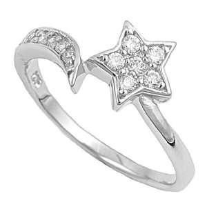    Sterling Silver with Cubic Zirconia Moon Star Ring, Size 5 Jewelry