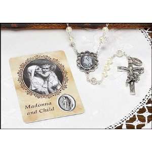  Madonna and Child Pearlized Rosary with Holy Card and 