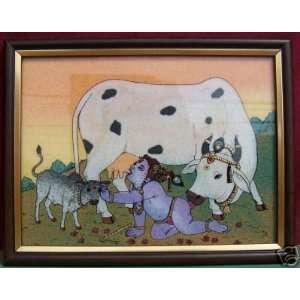  Krishna & His cow, Painting made with Gem Stone 