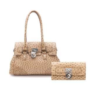  Faux Ostrich Leather Handbag Purse & Wallet WHEAT Tan 