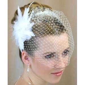    White Birdcage Bridal Veil Feather Pearl Fascinator Beauty