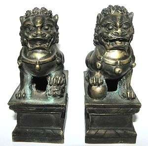 Antique Chinese Bronze Foo Dog Guardian Lion Statues Pair  