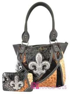 Gray Patchwork Fleur De Lis Rhinestone Fashion Hobo Bag Handbag Purse 