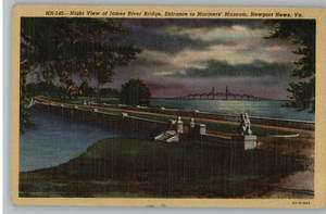 Linen PostcardJames River Bridge at NightNewport News,VirginiaVA