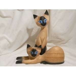  2 Siamese Cats Handcarved Figurines