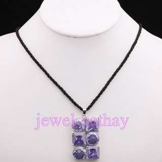 Purple Facet Square & Round Crystal String Pendant Necklace Set