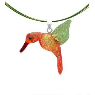   Glass Orange and Green Hummingbird Lampwork Pendant on Stainless