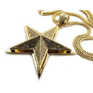  Iced Out 3D Pyramid STAR Pendant 36 Franco Chain Gold 