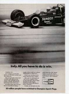 1972 CHAMPION SPARK PLUGS SUNOCO McLAREN INDY PRINT AD  