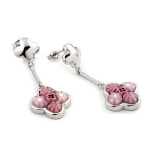  Silver Murano Millefiori Glass Dangling Flower Earrings Jewelry