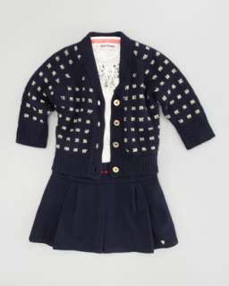 Embellished Bow Top, Dot Jacquard Cardigan & Preppy Pleated Skirt