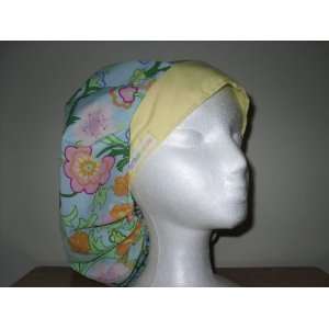   Scrub Cap, Adjustable, Blue with Flowers and Yellow Coordinating Band