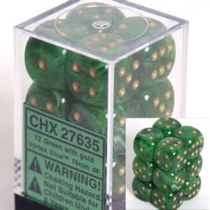   Vortex Dice 16mm d6 Green/gold Dice Block 12 pipped dice Toys & Games