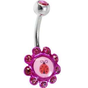  Pink Gem Ladybug Logo Flower Belly Ring Jewelry