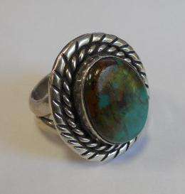 SIGNED WB NATIVE AMERICAN STERLING RING, TURQUOISE STONE S 9 B  