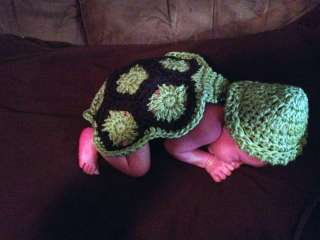 Newborn baby CUTE GREEN AND BROWN TURTLE HAT AND SHELL CROCHET photo 