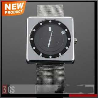   Unique Black Silver Mens Stainless Steel Quartz Wrist Watch  