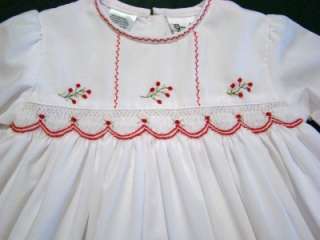 SARAH LOUISE 6M SMOCKED WHITE DRESS W/RED FLORAL EMBROIDERY  