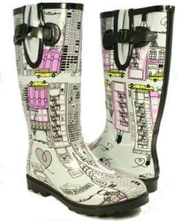  Pink Grey Rainboots City Scene Hearts Rubber Boots Shoes