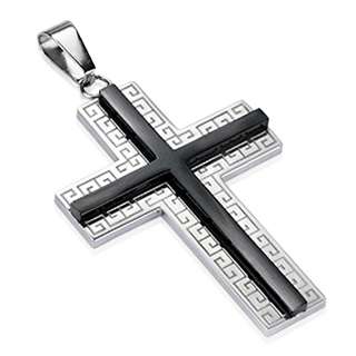 Stainless Steel Black Greek Key Cross Pendant w/ 20 Black Rubber 