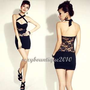Women Haltered See through Lace Deep Low Cut Backless Cocktail Mini 