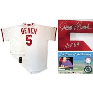  Johnny Bench Signed Reds T/B White Jersey w/HOF89 Sports 