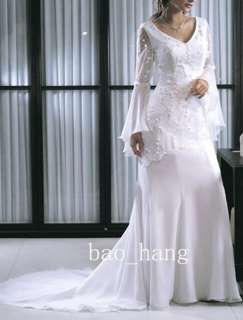 White Long Sleeve Lace Voile Beading Bride Wedding Prom Party Evening 