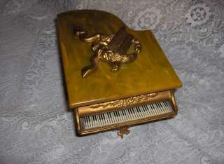   Vintage Music Box Grand Piano Bakelite Lid Gold Accents Trinket Swiss