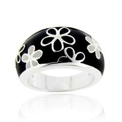 Sterling Silver Black and White Enamel Flower Ring  