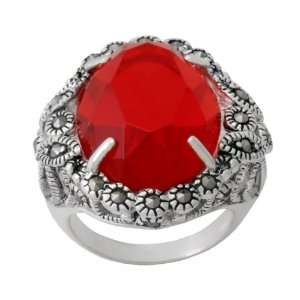   Silver Marcasite Oval Faceted Garnet Glass Color Ring, Size 6 Jewelry