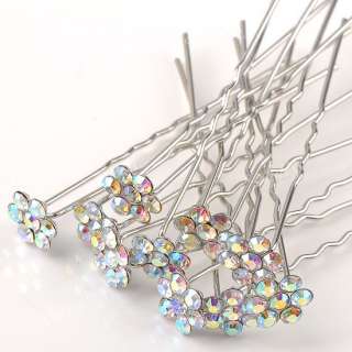 10pcs AB Clear Crystal Flower White Gold Plate Girl Wedding Hairpin 