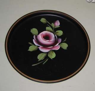 Vintage Round BLACK TOLE VANITY/DRESSER TRAY~PINK ROSE  