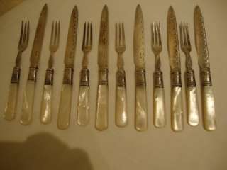Antique Set 6 Victorian Dessert Knifes & Forks w Mother Pearl Handles 