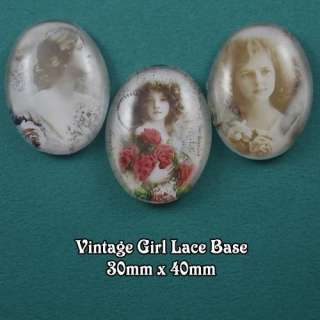 3pcs HUGE Glass Vintage Girl Lace Base Oval Cameo Cabochon 30x40mm 