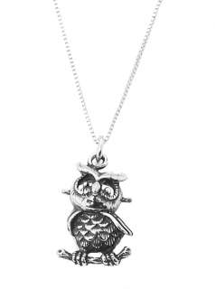STERLING SILVER OWL SITTING ON BRANCH CHARM WITH BOX CHAIN NECKLACE 