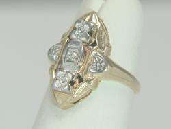 Vintage 14K White & Yellow Gold Art Deco Open Filigree Diamond Ring 