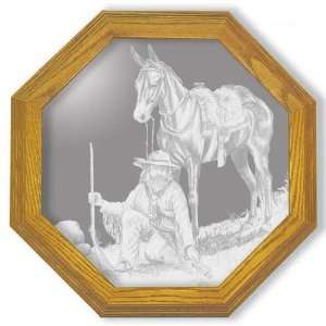    Etched Mirror Western Art in Solid Oak Frame