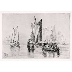  1914 Halftone Print Calm Turner Seascape Ships Fishing 