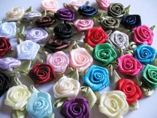 200 Satin Ribbon Rose w/ Leaf Appliques/doll 23 colors  