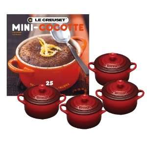  Le Creuset Set of 4 Mini Cocottes w/ Bonus Cookbook Red 