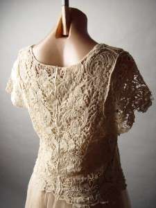 Crochet Top Blouse Tulle Skirt Antique Beige Romantic Vtg y Mini fp 