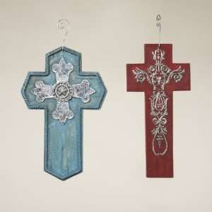   Country Rustic Red, Blue and Silver Cross Christmas Ornaments 6.25
